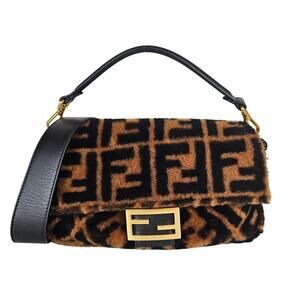 Fendi Shearling Vitello Dolce Macro FF 1974 Baguette Tobacco Black